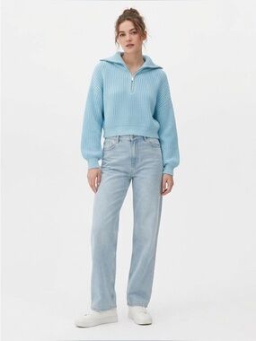 Primark Light Blue Quarter-Zip Ribbed Knit Sweater Size Medium